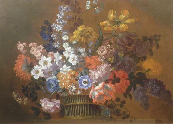 Stillleben mit Blumen in einem Korb auf einem Sims